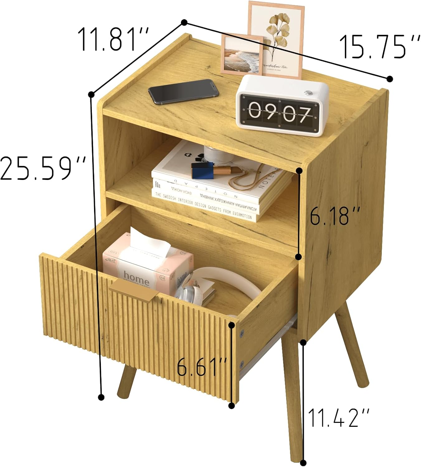 Nightstand,Modern Bedside Table with Storage Drawer and Open Wood Shelf, for Living Room, Bedroom and Small Spaces, Accent Night Stand with Solid Wood Legs, Easy Assembly,Vintage Yellow Oak