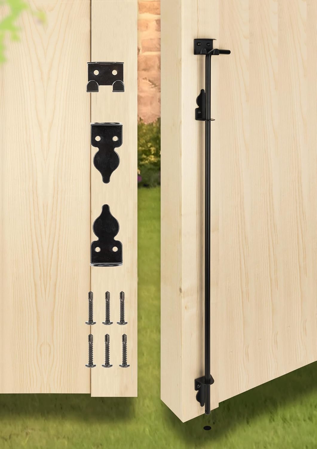 36" Heavy Duty Cane Bolt Gate Drop Rod Hardware Ground Latch for Wood PVC Vinyl Metal Fences Gates, Double Doors, Black Solid Steel -1 Pack