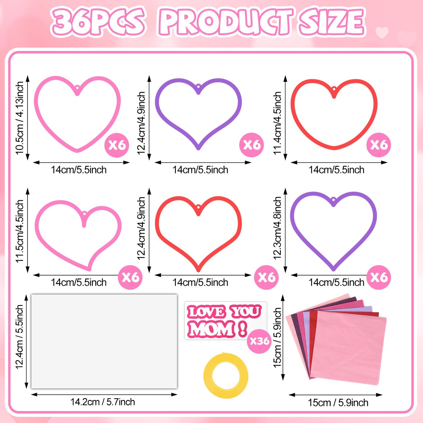 Qyeahkj 36 Set Mother Day Heart Suncatchers Crafts for Boys and Girls DIY Love Hearts Window Tissue Paper Crafts Love Hanging Decor for Classroom Home Activity Art Project Birthday Party Favor Gifts