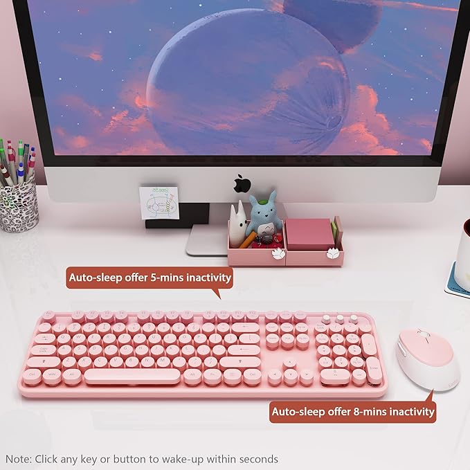 Kootop Wireless Keyboard and Mouse Combo, Cute Colorful 104 Keys Typewriter Retro Round Keycaps Keyboard for PC Laptop,Desktop,Windows, Home and Office Keyboards(Pink White)
