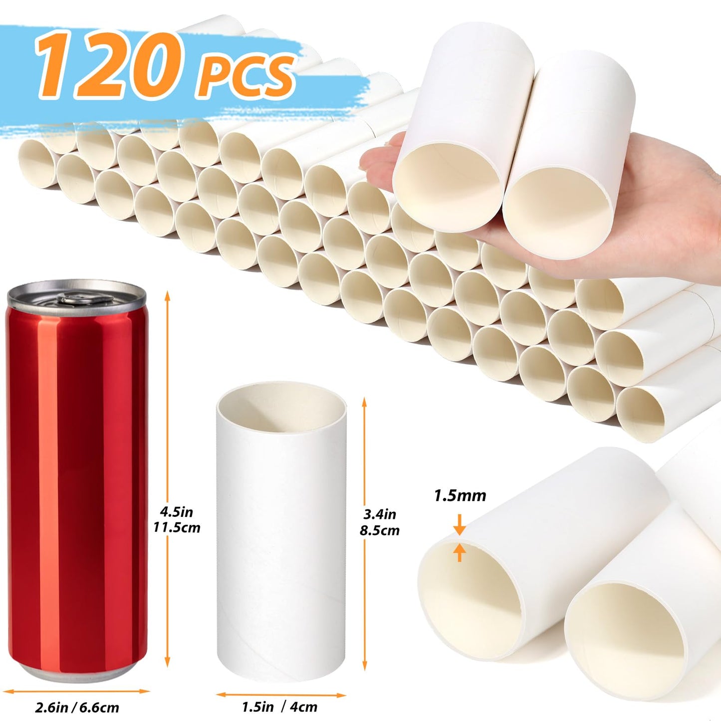 MAPVOLUT 120 Pieces Cardboard Tubes for Crafts, White Kraft Toilet Paper Rolls for Crafts - 1.5 x 3.4 Inches Strong And Pressure-Resistant Tubes for Craft Supplies, Family DIY Art