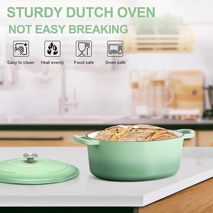E-far 5QT Oval Dutch Oven Pot with Lid, Enameled Cast Iron Dutch Oven with Dual Handles, Heavy-Duty Cookware for Sourdough Bread Baking, Braising, Stews, Oven Safe & Easy Clean, Green