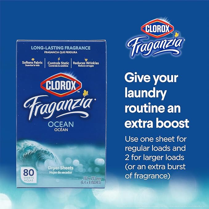 Clorox Fraganzia Fabric Softener Dryer Sheets, Ocean Scent - Wrinkle Reducing Scented Softening Laundry Dryer Sheets for Great Smelling Clothes, 80 Count - 6 Pack