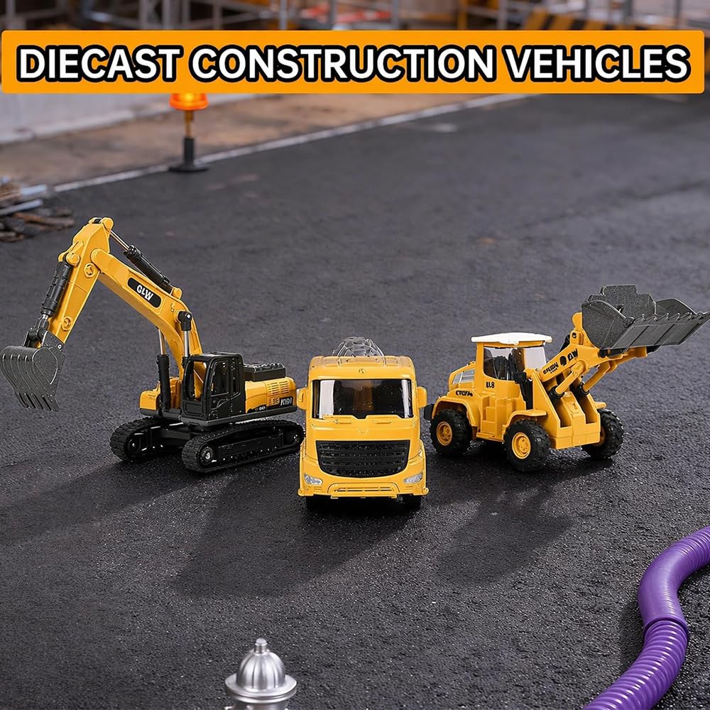 Unimoly Alloy Mini Construction Vehicles, 3Pcs Die-cast Metal Toy Set with Pull Back Action - Excavator, Dump Truck, Bulldozer for Toddlers & Kids 3 4 5 6 7 Years Old Boys Toys