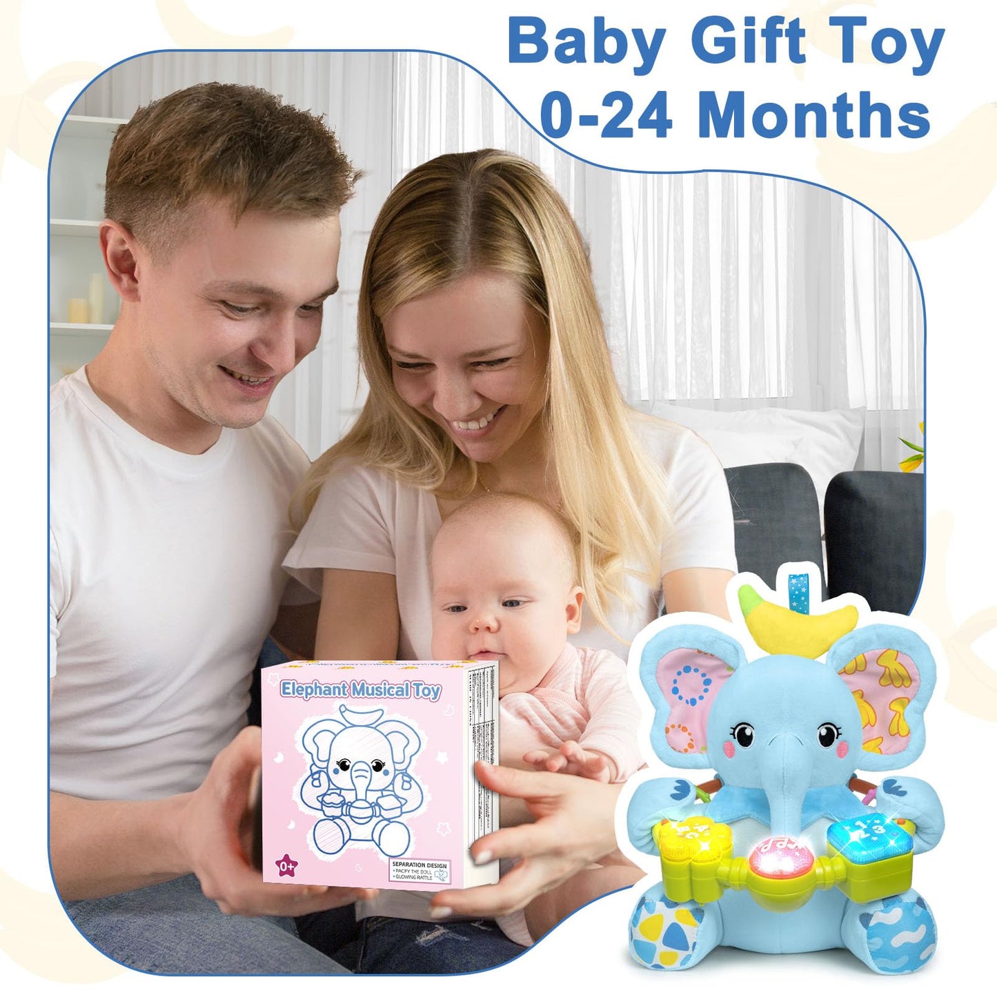 Baby Elephant Musical Stuffed Animals Toy with Light-Up Music & Crinkle,Infant Bilingual Early Learning Education Toys,1st Easter Basket Shower Stuffers for 0-3-6-12+ Months Boy Girl Gifts,Blue