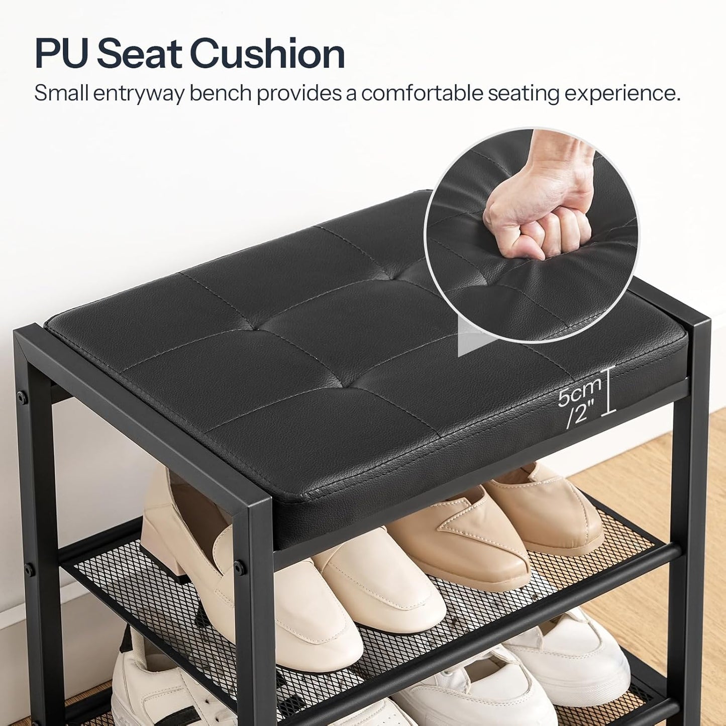 HOOBRO Small Shoe Bench, 3-Tier Shoe Rack, Shoe Storage Bench with PU Seat Cushion, Entryway Shoe Rack Bench with Metal Mesh Shelves, Freestanding Shoe Organizer for Hallway, Black BB33HX01