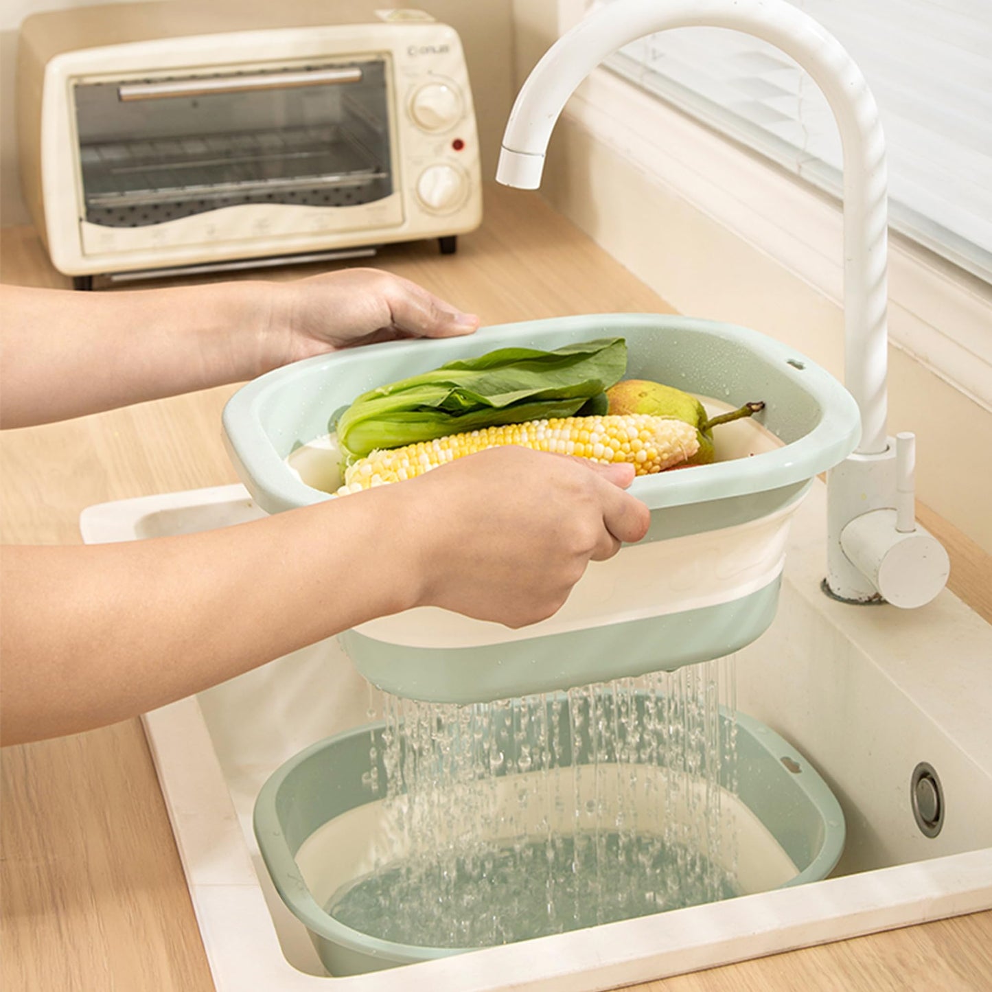 Cemome Collapsible Dish Basin with Colander, Foldable 2-in-1 Dish Pan and Strainer Set with Drain Holes, Portable Wash Basin for Kitchen Sink, Camping, Travel & RV (Green)