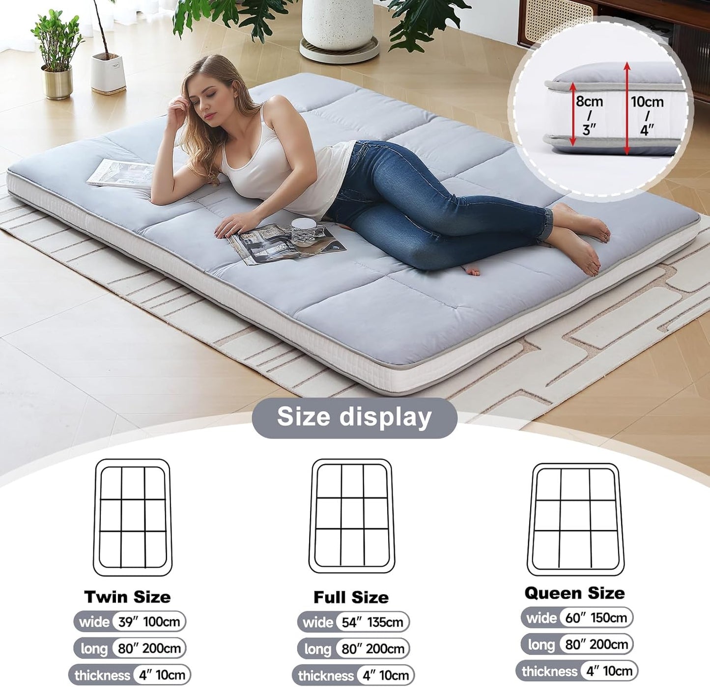 Tiita Queen Memory Foam Mattress Topper, 4" Thicken Futon Floor Mattress with Storage Bag and 2 Straps, Portable Roll Up Travel Car Camping Mattress Sleeping Pad, Grey