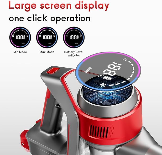 Cordless Stick Vacuum Cleaner - Rechargeable, 35Kpa Powerful Vacuums with Detachable Battery, LED Display, 45Mins Runtime, 8 in 1 Handheld Vacuum for Hardfloor & Carpets Pet Hair, Red