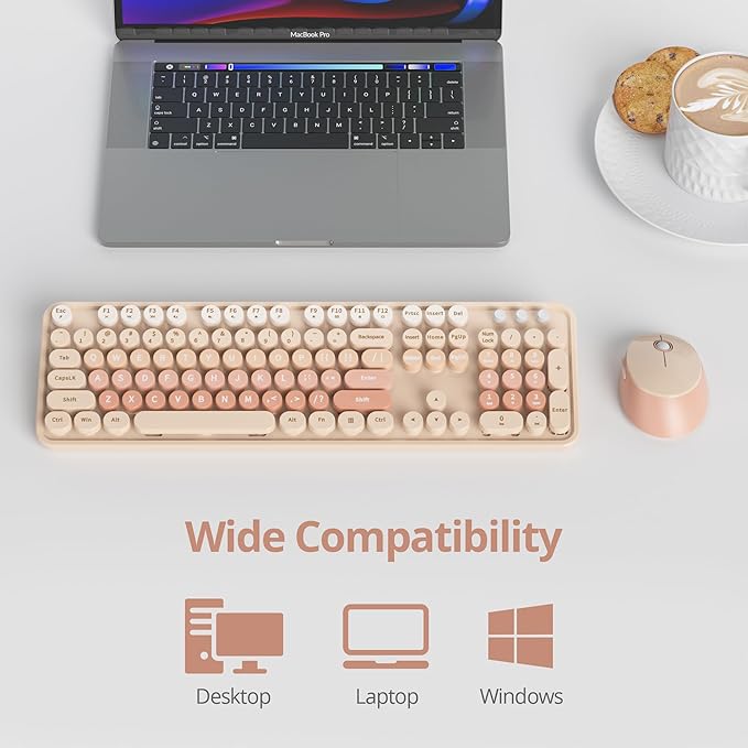 Wireless Keyboard and Mouse Set, Retro Typewriter Keyboard, 2.4GHz Full Size 104-Key Cute Keyboard with Number Pad, Colorful Keyboard with Round Keycaps for Windows PC Laptop(Brown)