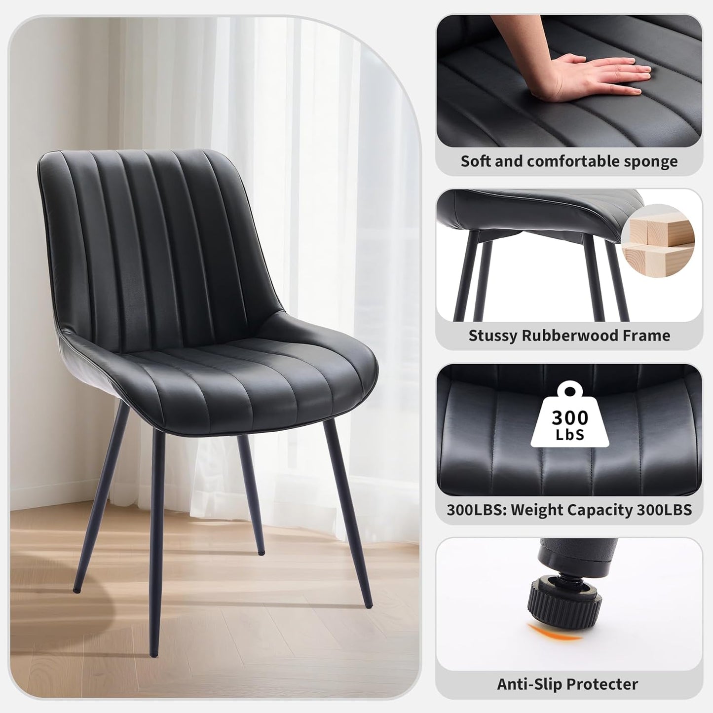 Dining Chairs Set of 2, Upholstered PU Leather Kitchen & Dining Chairs with Whale Backrest,Chair with Padded Seat and Metal Legs for Restaurant/Cafe
