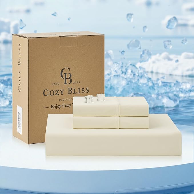 Cozy Bliss Premium Cooling Sheet Set King Size, Q-Max>0.4, 3PCS No Flat Sheet with 2 Pillowcases, Breathable Fitted Sheet for Hot Sleepers & Night Sweats, Deep Pocket Up to 18 Inches, Cream White