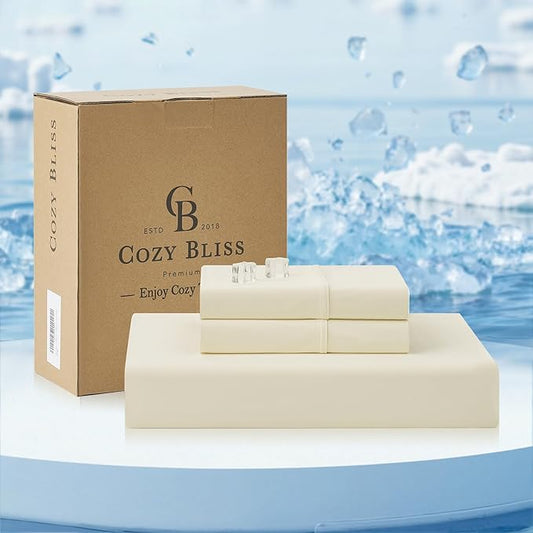 Cozy Bliss Premium Cooling Sheet Set King Size, Q-Max>0.4, 3PCS No Flat Sheet with 2 Pillowcases, Breathable Fitted Sheet for Hot Sleepers & Night Sweats, Deep Pocket Up to 18 Inches, Cream White