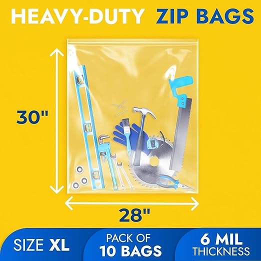28" x 30" Extra Large Zip Seal Lock Bags, 6 Mil (Pack of 10) – Heavy-Duty Reclosable Plastic Bags – Clear, Resealable, Waterproof – For Storing and Organizing Clothes, Jewelry, and Travel