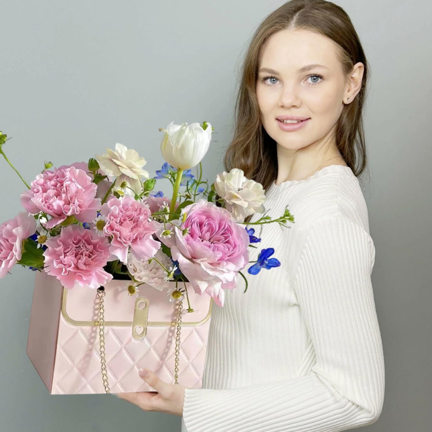 Flower Paper Gift Box, Bouquet Storage Bucket Florist Handbag with Metal Chain, for Gifts Wrapping Supplies for Mother's Day Valentine's Day Women's Day Birthday Party 4 Pcs
