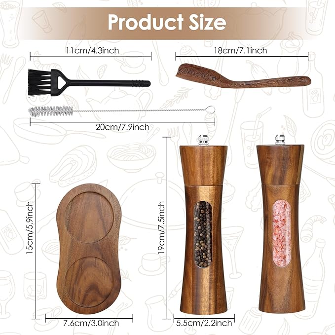 Wooden Salt and Pepper Grinder Set, 8 inch Manual Salt and Pepper Mill with Brush and Spoon, Adjustable Coarseness, Refillable Pepper Grinder for Kitchen, Transparent