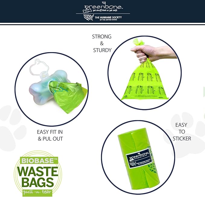 The Humane Society by Greenbone Biobase Pet Poop Bags - 8 Rolls - 96 Refills - Made with Corn Starch - Leak Proof 13 Inch x 9 Inch