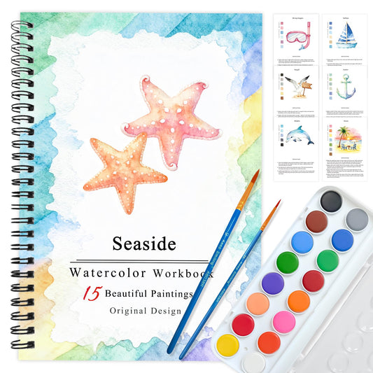 SLWBZ Watercolor Workbooks Coloring Book, Beginner Friendly Painting Kit, Detailed Steps, Creative Exploration Watercolor Book with Paint Set for Adults Teens (Seaside, with Paint)