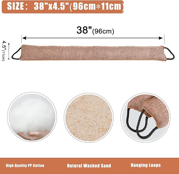 Marwood Under Door Draft Stopper 38 inch Wind Stopper for Door & Window, Weighted French Air Draft Stopper Front Door Snake Noise Blocker for Bottom of Door with Hanging Loops - Brown