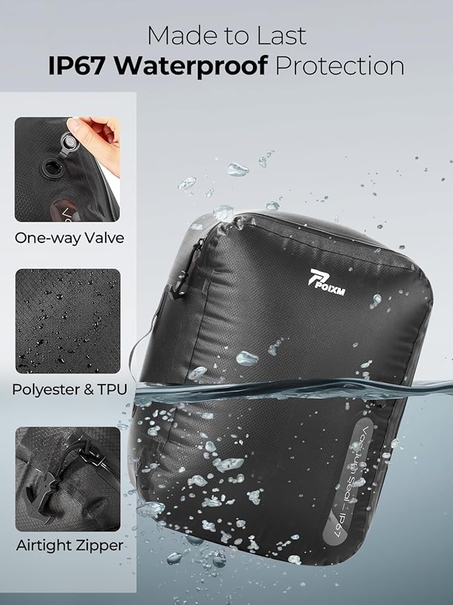 Vacuum Bags for Travel with Wireless Pump, 180° Open Zipper, IP67 Waterproof, Reusable Space Saver Compression Bags for Backpack(3 Pack + Pump)