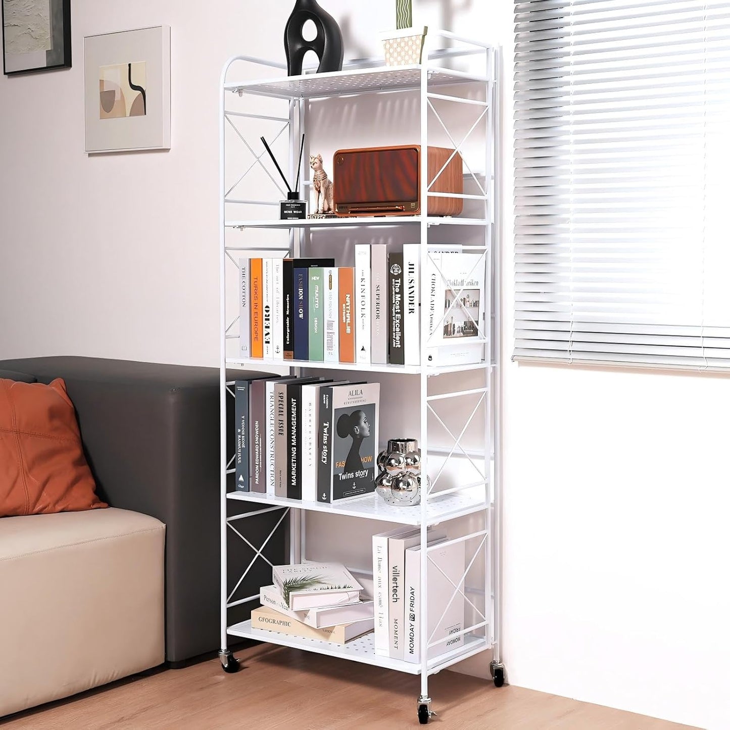 Foldable 4-Tier Metal Shelf with Wheels - Folding Bookshelf Unit for Living Room, Kitchen, Study 12.6" D x 23.6" W x 46.8" H, Glossy White