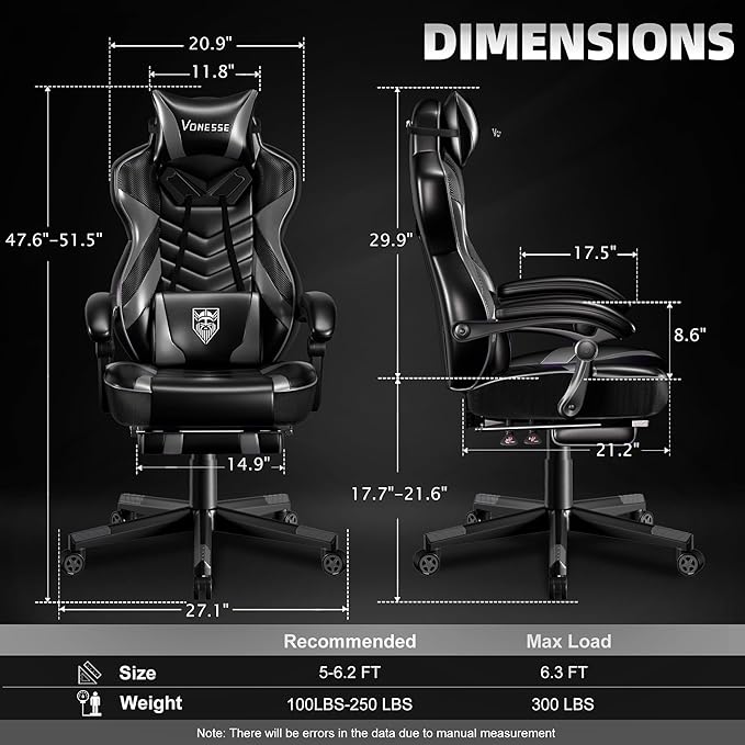 Vonesse Gaming Chair, Big and Tall Gaming Chair with Footrest and Massage, Gaming Chairs for Adults with Lumbar Support, Ergonomic High Back Computer Chair with Pocket Spring Cushion (Grey/Black)