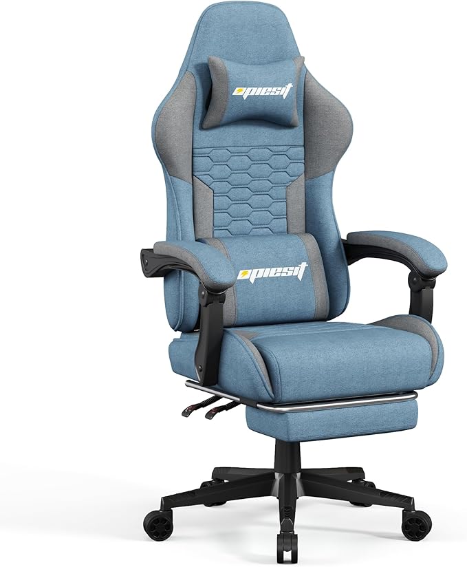 Gaming Chair, Fabric Computer Chairs with Lumbar Support and Massager, Ergonomic Office Chair with Footrest & Pocket Spring Cushion, Bearing 400 LBS（Blue）