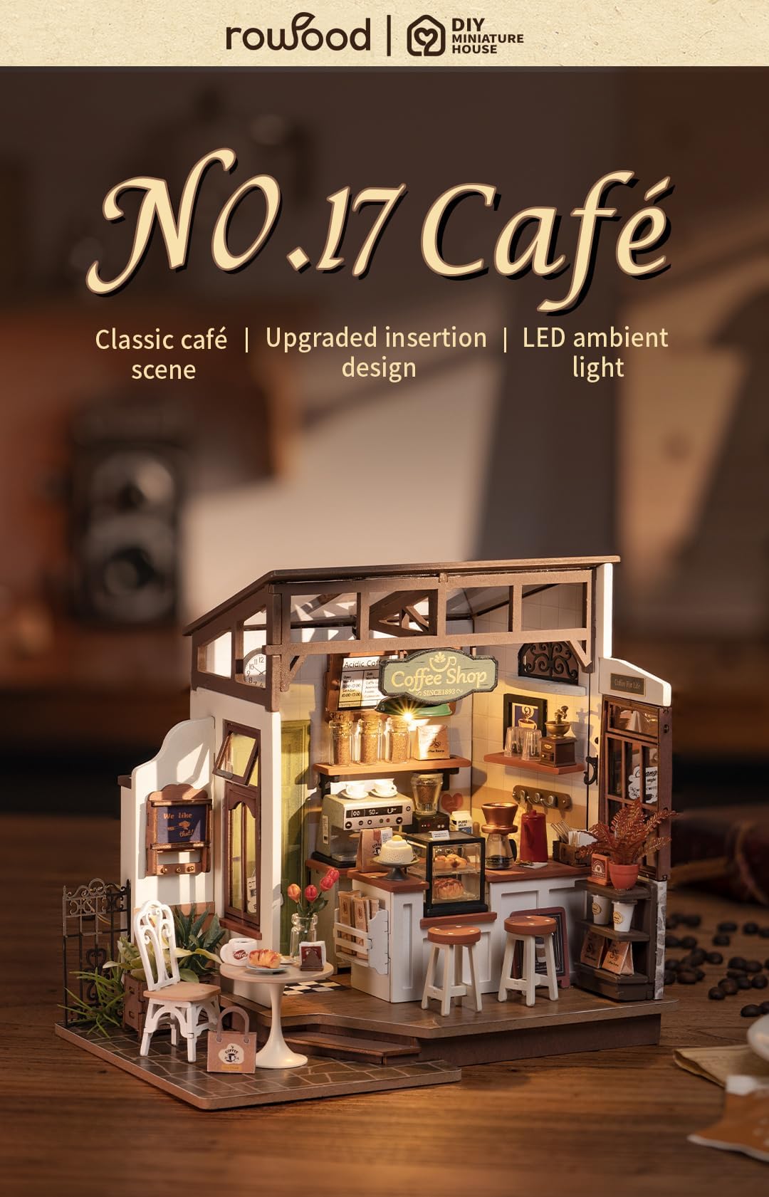 Rowood Coffee Miniature House Kit, Mother's Day DIY Miniature Dollhouse Kits for Adults to Build, Wooden Mini House Model Kits Adults Crafts with LED, Gift on Christmas Birthday for Family-NO.17 Cafe