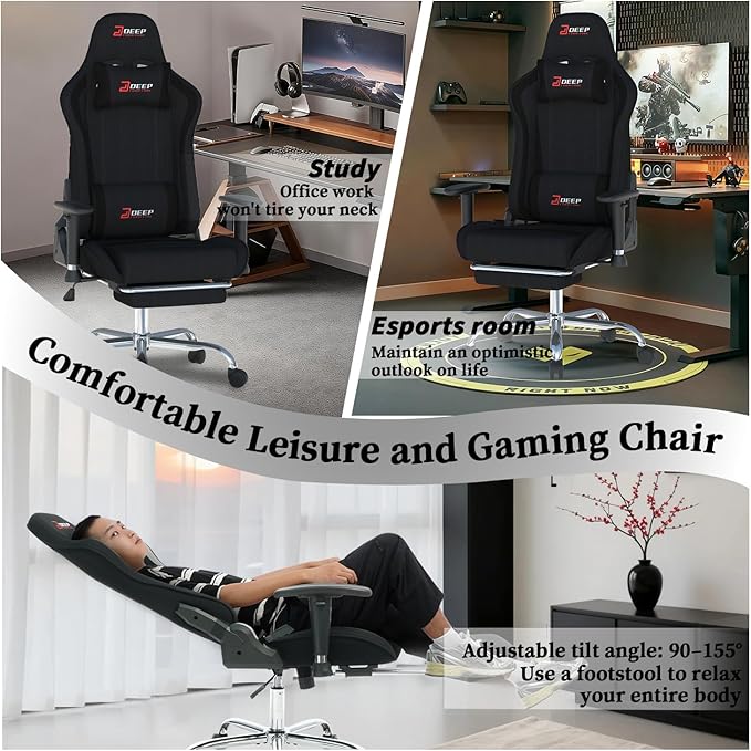 Fabric Gaming Chair, Skin-Friendly and Breathable, Manufactured by A Reputable Manufacturer, Safe and Stable, Specially Designed for Gaming.with Footrest Mg(1005-Black)