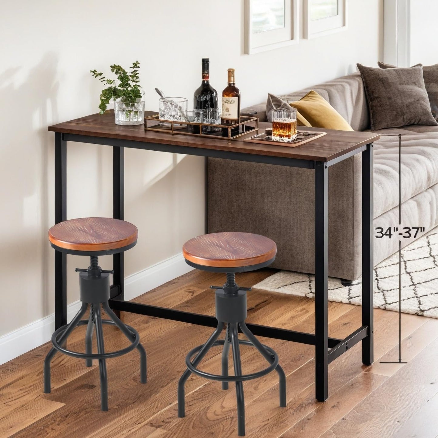 Industrial Rectangle Bar Table with Set of 2 Bar Stools Vintage 3 Pieces Pub Table Set for Home Office Farmhouse Dinner Table with Chairs