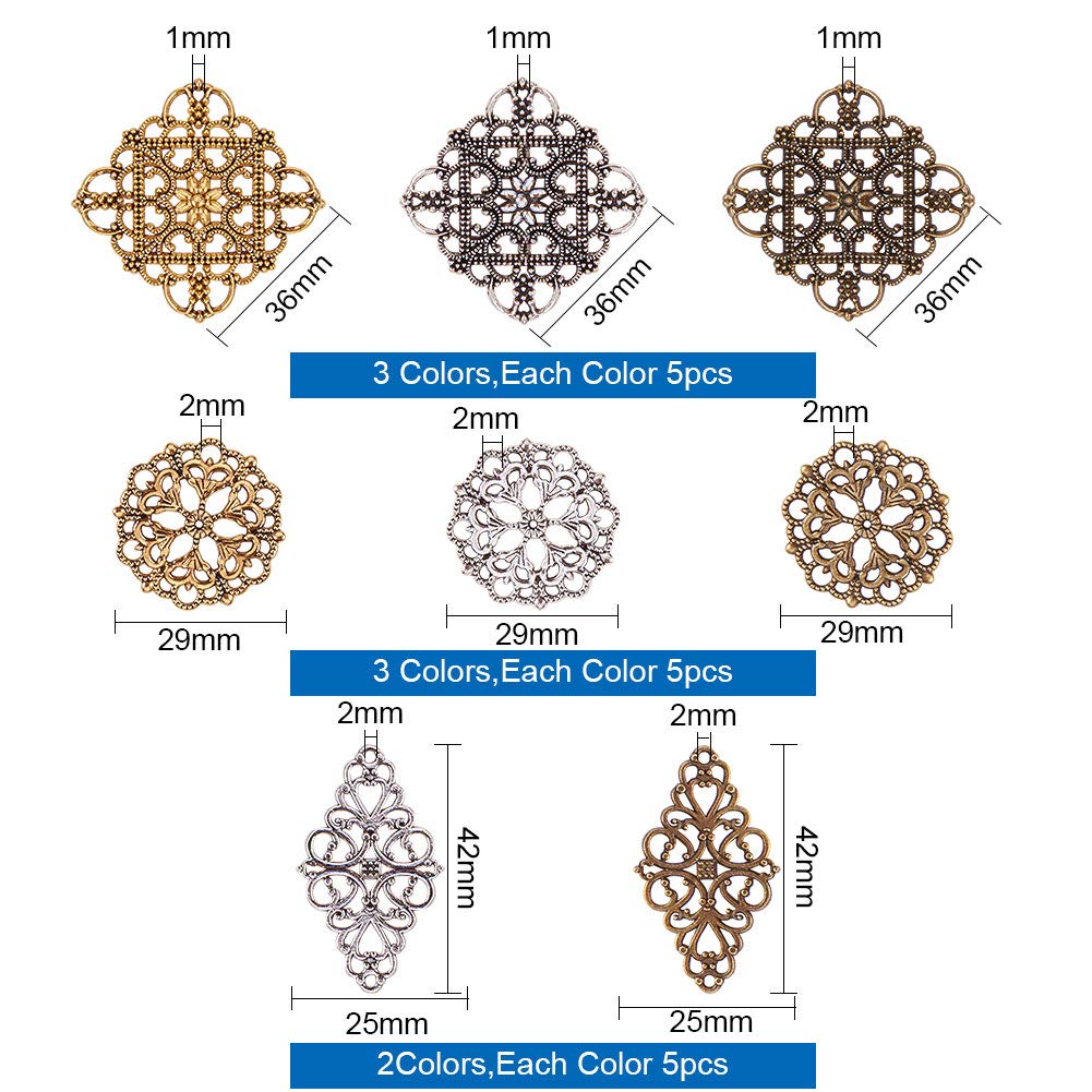 PH PandaHall 40pcs Filigree Connectors, 3 Color Rhombus Flower Charms Hollow Pendants Tibetan Metal Filigree Embellishments for DIY Hairpin Headwear Earring Necklace Jewelry Making