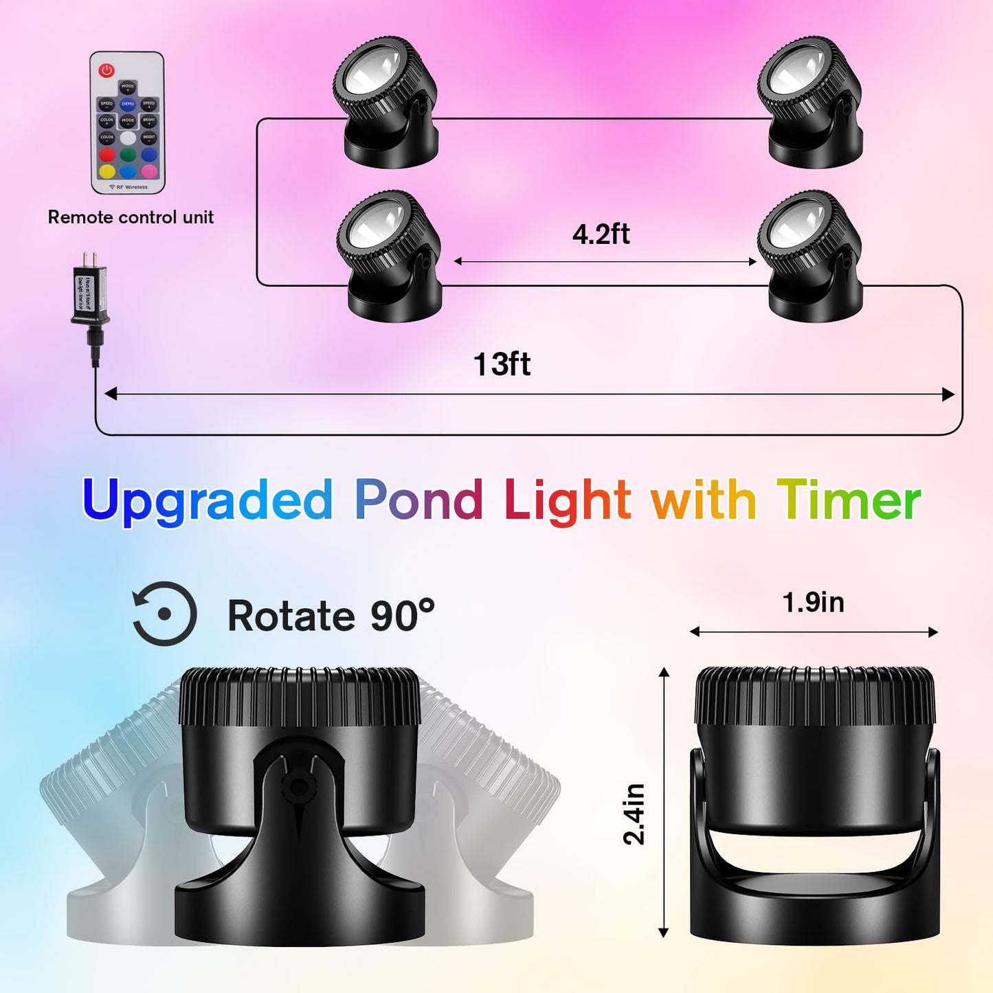 POPOSOAP RGB Underwater Pond Lights with Timer, 20 Colors Dimmable Submersible Led Fountain Lights with IP68 Waterproof, Support Remote Control for Outdoor Ponds Aquarium Garden Pool (4 Set)
