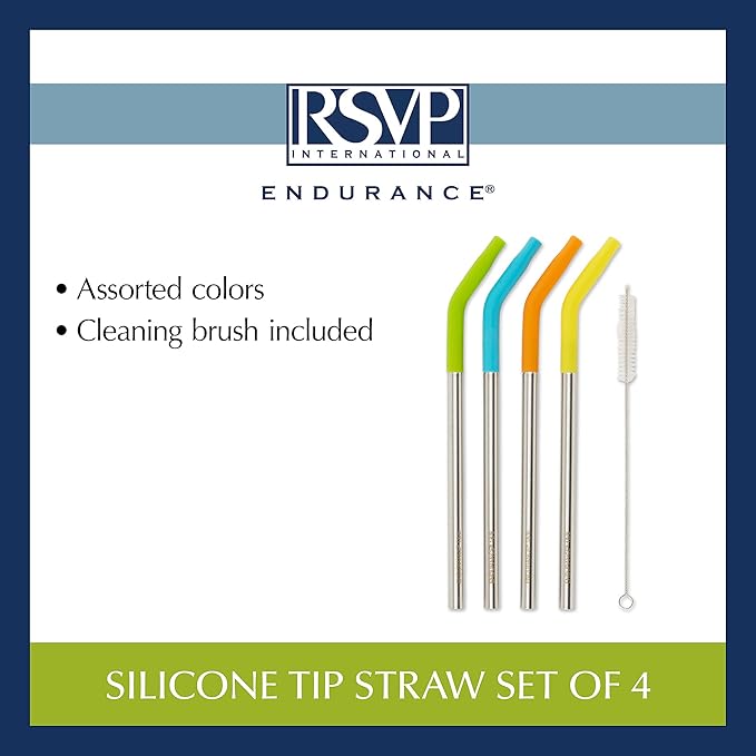 RSVP International Endurance Stainless Steel w/ Silicone Tip Straws, 9 Inch, | Reusable & Multi-Color | BPA-Free Silicone | For Smoothies, Frappes, Sodas, Tea & More | Dishwasher Safe
