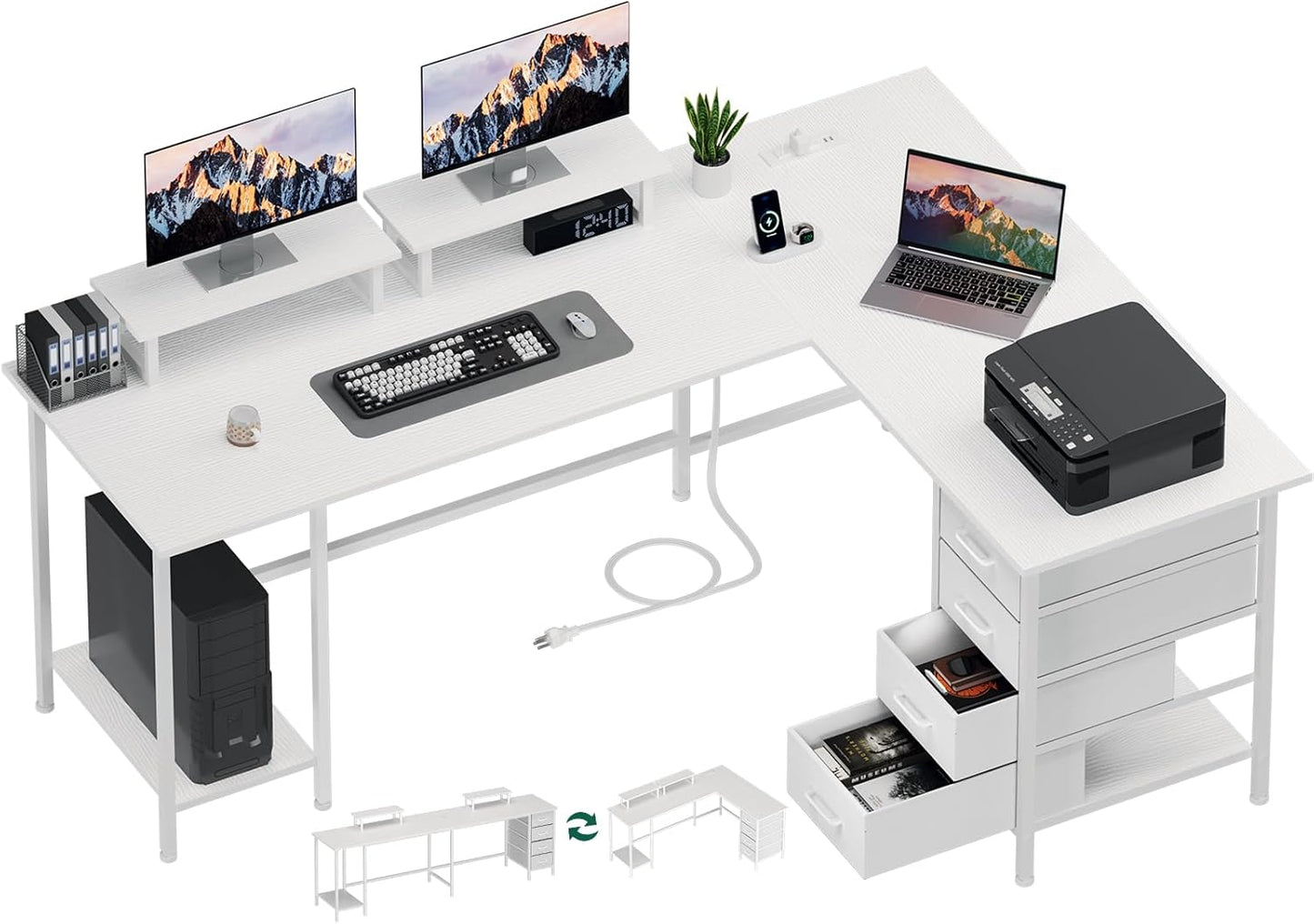 66" L Shaped Computer Desk, 94.4'' Home Office Desk with Power Outlets, 4 Adjustable Storage Drawers & 2 Monitor Stands, Large Two Person Gaming Table for Writing Study, White