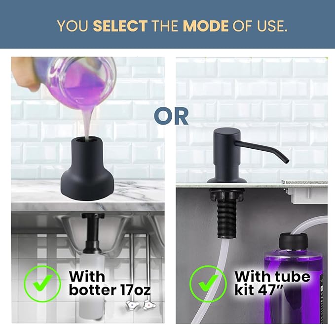 SBEN Built-in Kitchen Sink Soap Dispenser – Stainless Steel Pump, 17 oz Bottle and Extension Tube Kit 47", Upgraded Metal Check Valve, Countertop Hand Soap & Lotion Dispenser (Matte Black)
