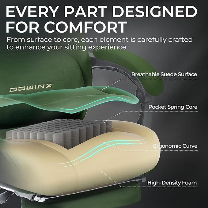 Dowinx Big and Tall Gaming Chair, Suede Fabric Game Chair with Pocket Spring Cushion, High Back Gamer Chair Ergonomic with Footrest for Adults Office, 440LBS, Green