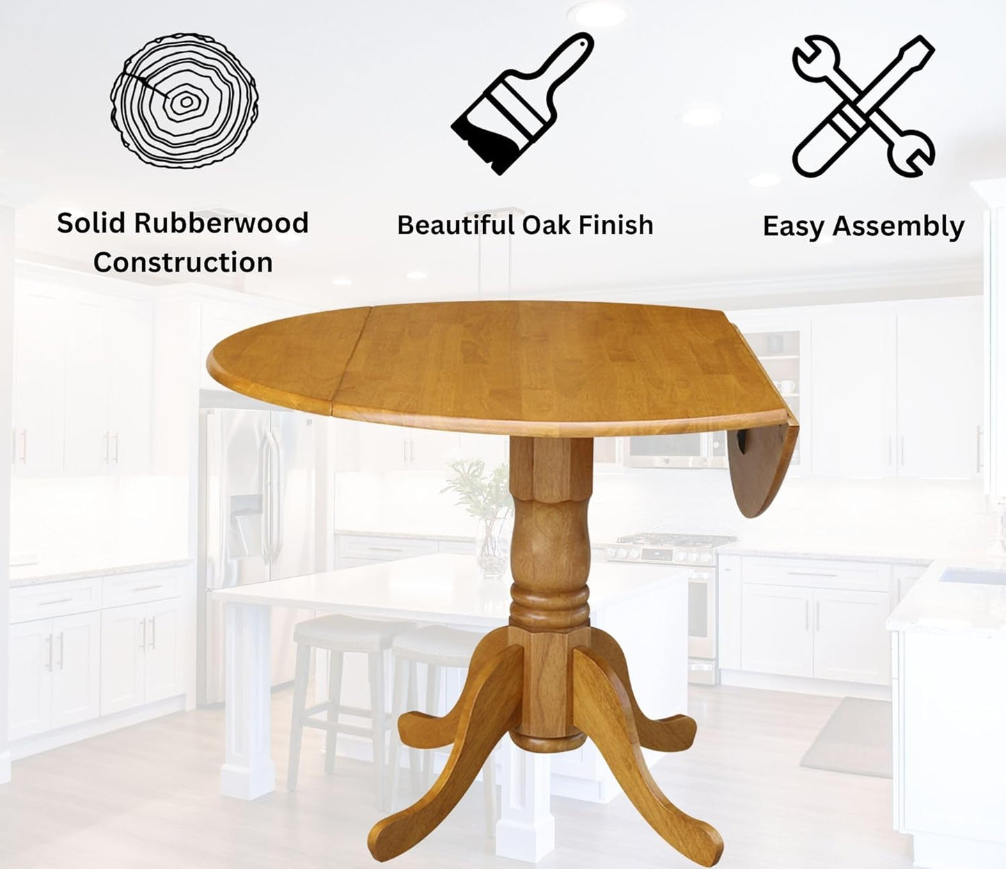 IC International Concepts, 42" Round Dual Drop Leaf Pedestal Dining Table, Solid Real Wood, Sturdy Parawood, Dimensions 42"D x 42"W x 29.5"H, 20mm thickness, 40lbs Weight Capacity, Oak