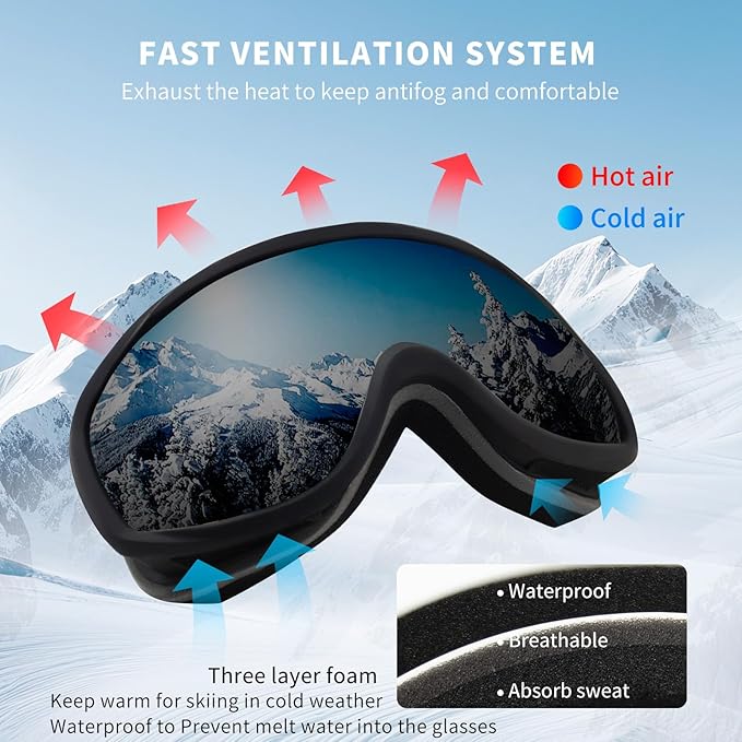 Ski Goggles OTG for Men Women, Anti-Fog Snowboard Goggles UV400 Protection Snow Goggles for Adult Youth