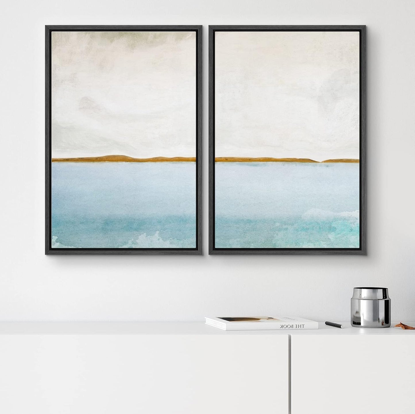 SIGNWIN Framed Canvas Print Wall Art Set Gold Blue Ocean Sea Beach Landscape Nature Wilderness Illustrations Modern Art Decorative Rustic Chic for Living Room, Bedroom, Office - 16"x24"x2 Black