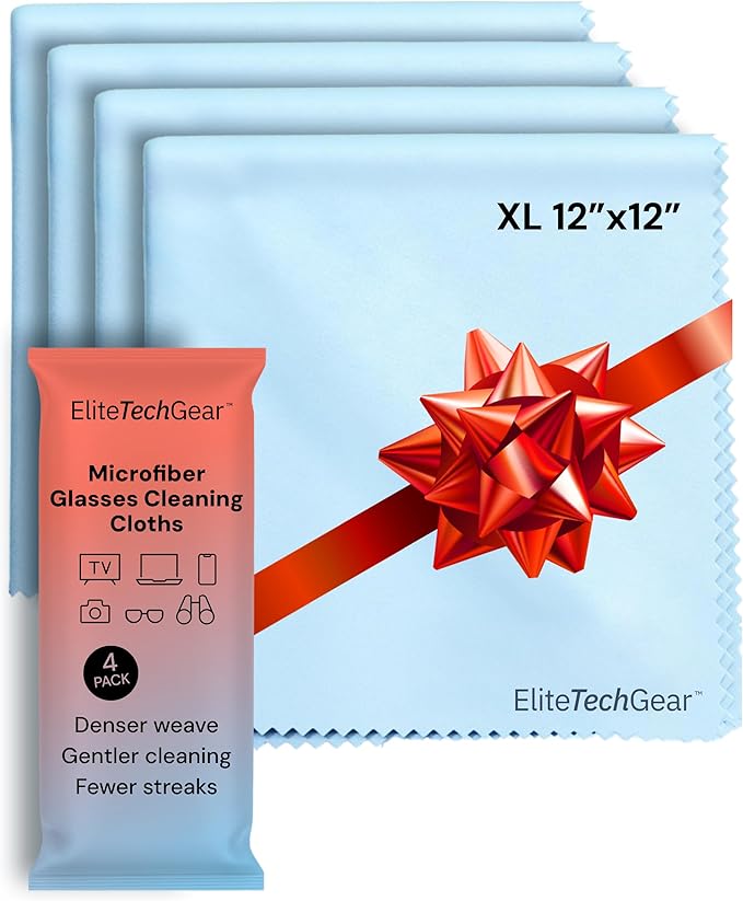 Elite Screens Microfiber Cleaning Cloth - 12" x 12", 4-Pack, Blue - Oversized Screen Cleaning Cloth - Streak-Free Glasses Wipes - Scratch-Resistant Lens Wipes for Eyeglasses