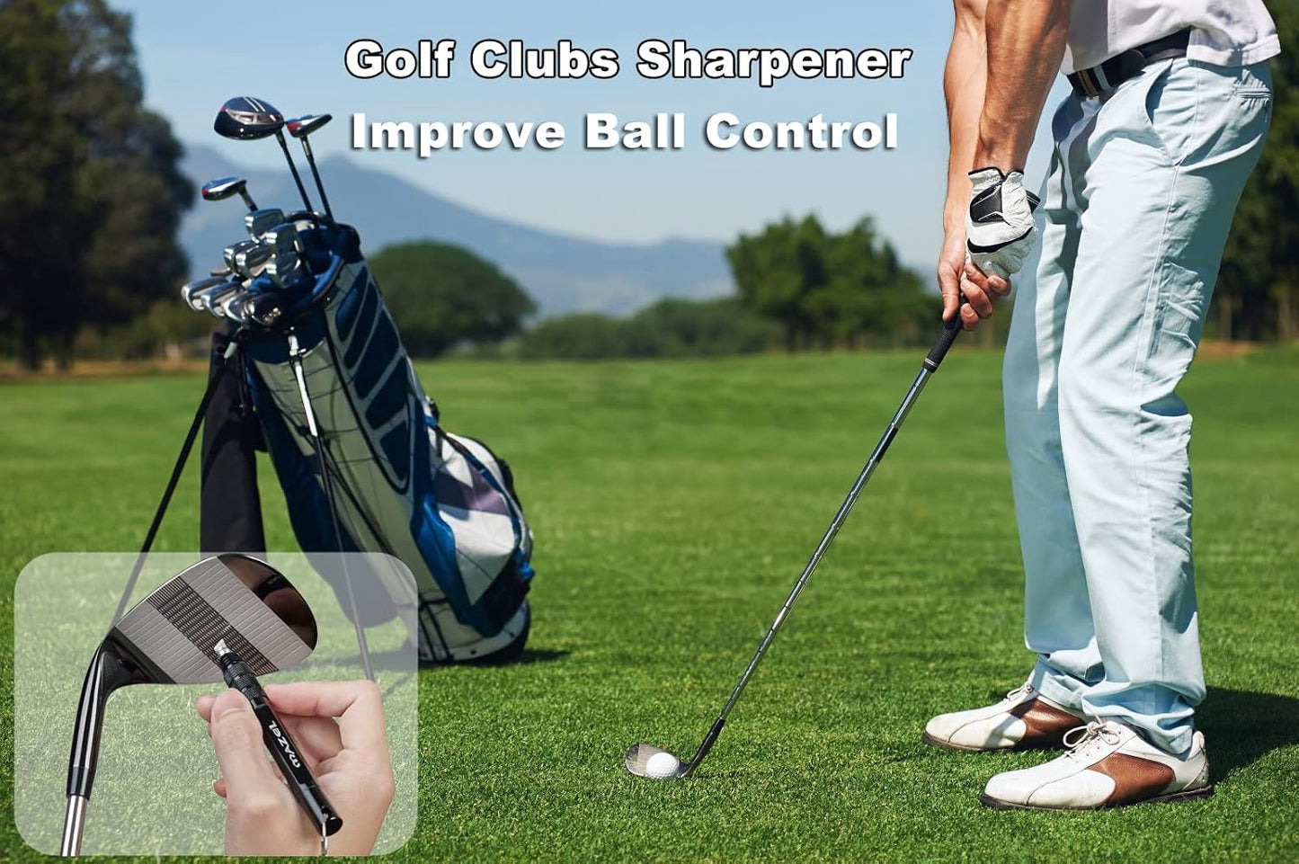 MAZEL Golf Wedge Groove Sharpener Tool | Golf Club Sharpener - Aluminum Alloy Shaft Golf Club Groove Cleaner and Sharpener with 3 Replaceable Heads,Fit for U & V-Grooves Re-Grooving Tool