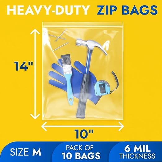 10" x 14" Medium Zip Seal Lock Bags, 6 Mil (Pack of 10) – Heavy-Duty Reclosable Plastic Bags – Clear, Resealable, Waterproof – For Storing and Organizing Clothes, Jewelry, and Travel Items