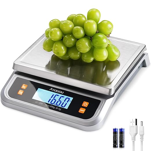 Atogou 88lb Food Scale, Commercial Kitchen Scale Plug-in Usable with Full View LCD Display, Stainless Steel, for Baking, Bread, Cooking, Meat, Vegetables, Farm, Industry LC200