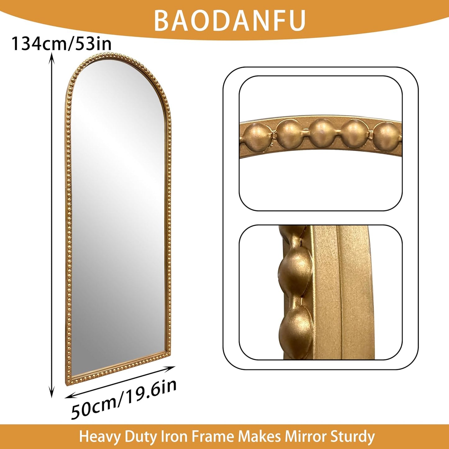 Vintage Full Length Wall Mirror, Large Gold Arch Floor Mirror 20"X53" with Antique Beaded Metal Frame for Dresser Living Room, Decorative Mirrors for Entryway Hallway Bathroom