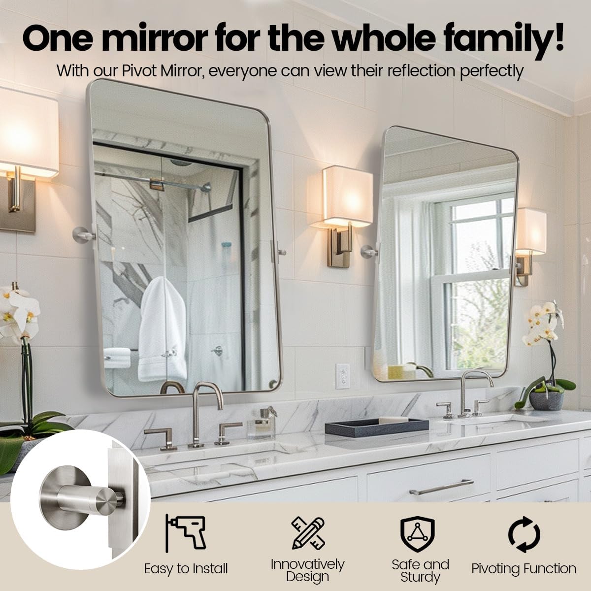 MOON MIRROR 20" x 28" Brushed Nickel Metal Framed Pivot Rectangle Bathroom Mirror, Silver Tilting Rounded Rectangular Vanity Mirror for Wall Mounted Hangs Vertical Only