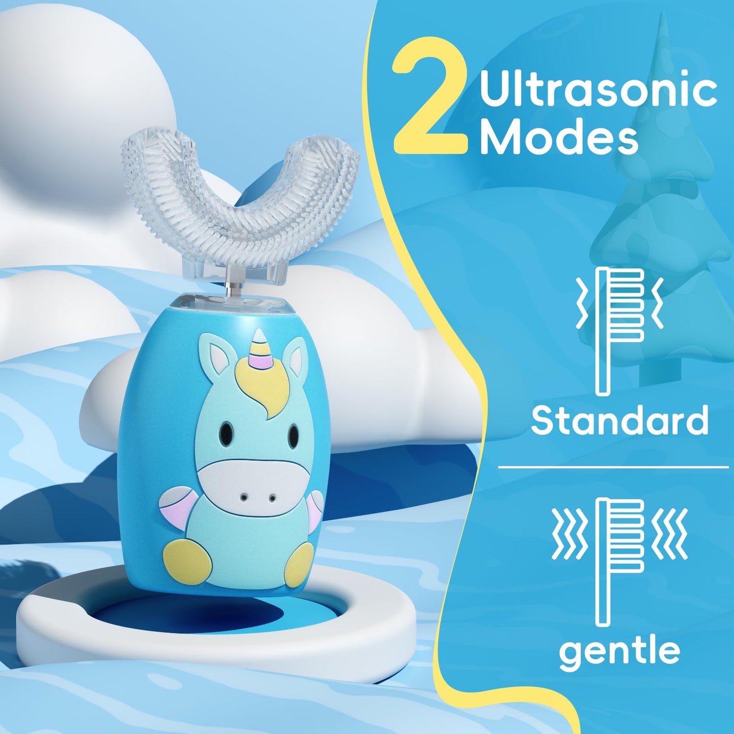 LHhuizou Kids U Shaped Electric Toothbrush 4 Brush Heads, Automatic Sonic Toothbrush Kids 2 Modes, Cartoon Design 360-Degree Cleaning IPX7 Waterproof