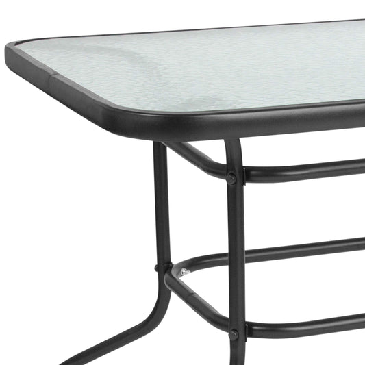 Flash Furniture Tory 31.5" x 55" Rectangular Tempered Glass Metal Patio Table with Umbrella Hole, Modern Rippled Glass Outdoor Dining Table, Black