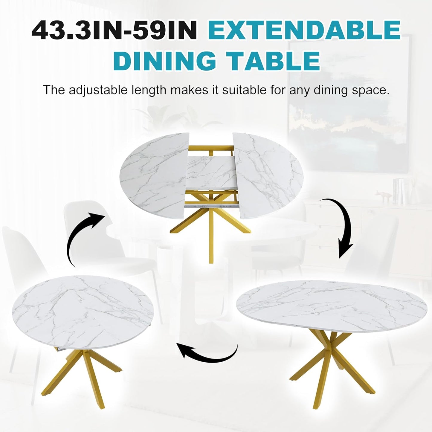 43"- 59" Extendable Dining Table for 4-6, Retractable Round Dinner Table Marble Oval Kitchen Tables Modern Steel Base Dining Room Tables for Small Space, Kitchen, Living Room, White & Gold