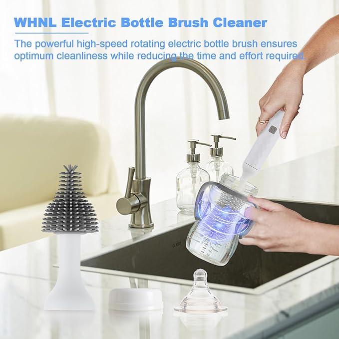 Rechargeable Electric Bottle Brush Cleaner Set with 3 Piece Silicone Baby Bottle Brush Cleaner and Straw Cleaner Brush,BPA Free,Waterproof,Perfect Baby Registry Gift,White