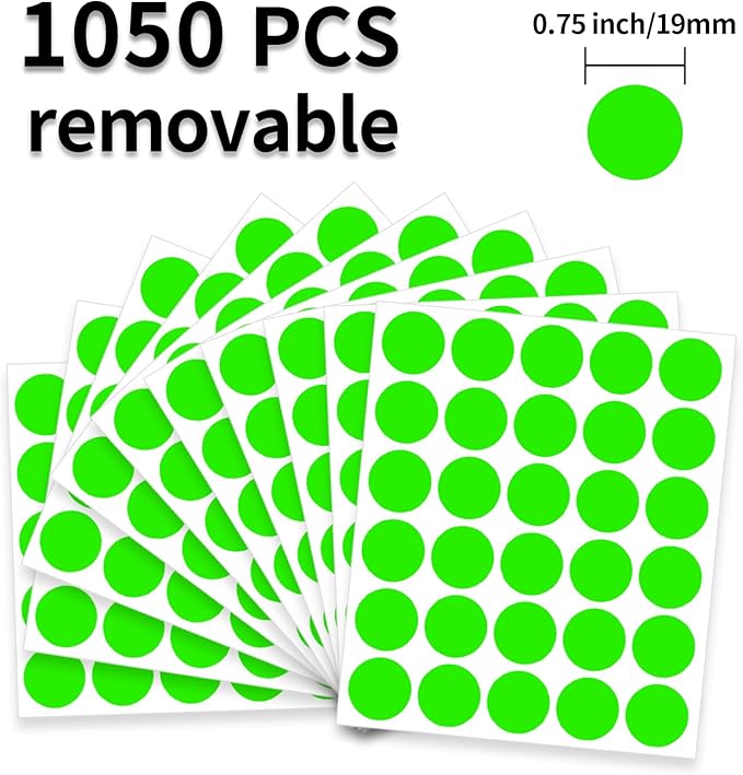 0.75 Inch Round Label Removable Color Code Dot Stickers,Garage Sale Sticker Price Tags Blank Yard Sale Circle Dot Stickers Writable (1050 Pack,Fluorescent Green)
